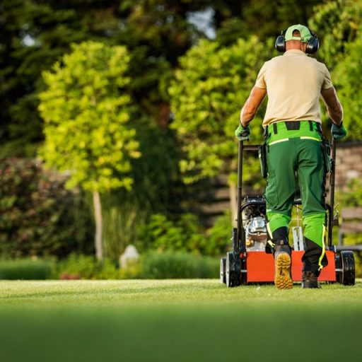 Professional Caucasian Landscaper Pushing Scarifier Machine. Removing Straw and Moss From the Lawn Inside Beautiful Mature Garden.