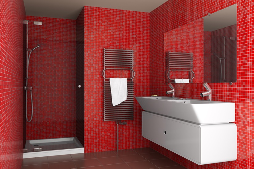 modern bathroom with red mosaic tiles on wall